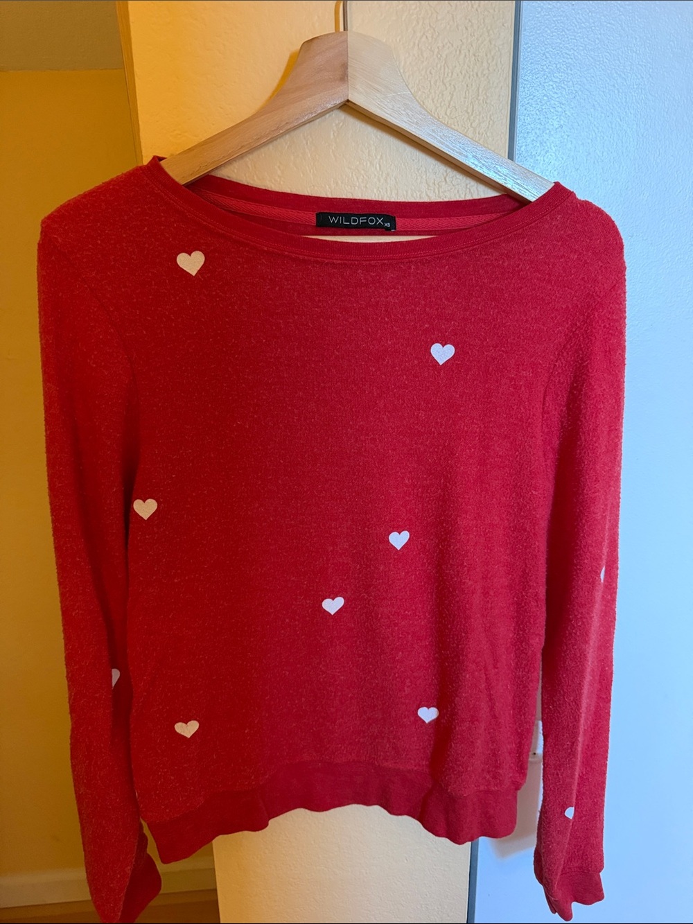 Wildfox Red Crewneck Sweater with White Heart Prints